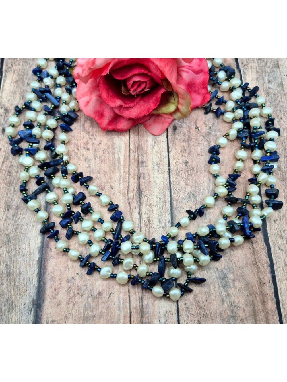 GCM Gerald C. Miller Faux Pearl Blue Chip Stone Multi Strand Collar Necklace 21"